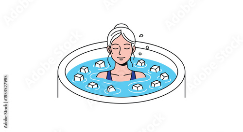 A cartoon woman with light hair relaxes with closed eyes in a round tub filled with water and ten ice cubes on a white background.
