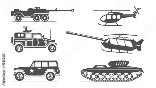 Military Ground and Air Vehicles Set Army Transportation Icons for Defense Web Design or Illustration Projects