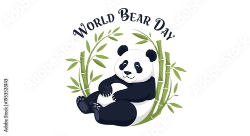 Illustration of a panda bear sitting with bamboo on World Bear Day, promoting bear conservation awareness with a natural and eco-friendly design.