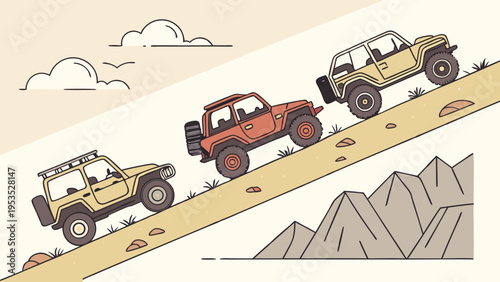 Off Road Adventure Jeeps Climbing Steep Hillside Driving Uphill for Travel Adventure Web Design and Outdoor Exploration Success