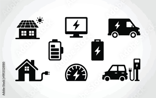 Electric vehicle charging infrastructure and sustainable energy icons including solar power battery storage and eco friendly transportation