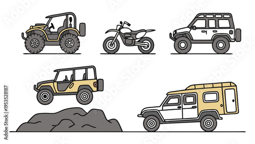 Off Road Adventure Vehicles Set Exploring Rugged Terrain for Travel Brochures Outdoor Recreation Web Design