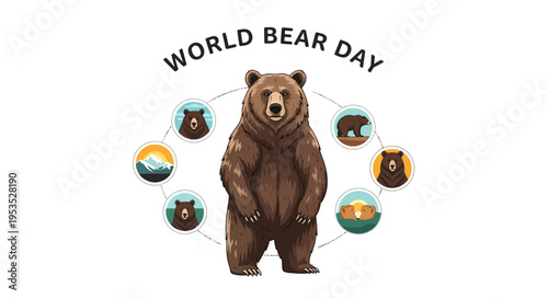 Illustration of a brown bear standing surrounded by smaller bear icons for World Bear Day conservation awareness campaign with a white background.