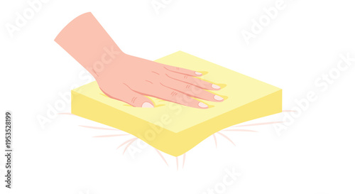 A human hand gently presses down on a yellow rectangular foam block, demonstrating its softness and flexibility on a white background.
