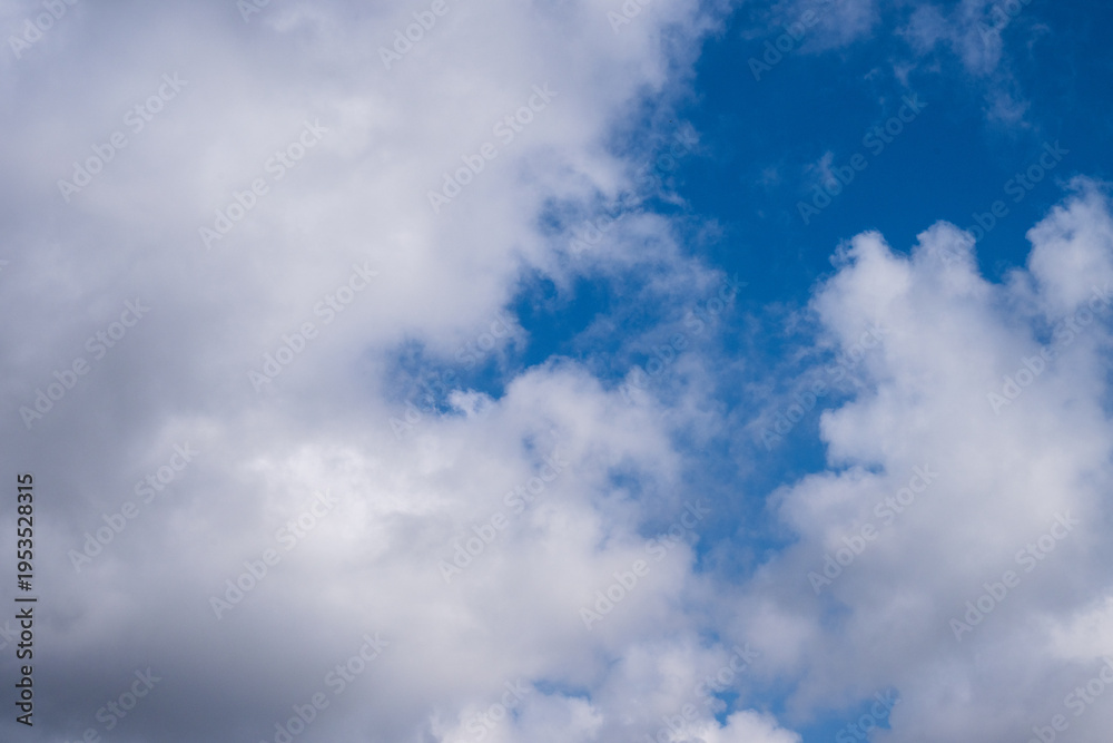 Fototapeta premium a vibrant blue sky filled with a mix of soft, white cumulus clouds and darker, shadowed grey clouds, capturing a dynamic weather pattern