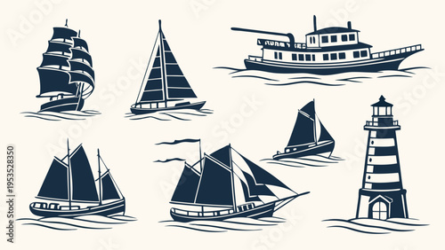 Nautical Vintage Maritime Icons Set Sailing Ships Tugboat Lighthouse Engraving Style for Travel Web Design Branding Projects