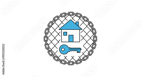 A blue outline of a house and a key are enclosed within a circular chain-link fence pattern on a white background.