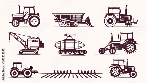 Vintage Tractor and Agricultural Machinery Icons Set for Farming Industry Web Design and Print Projects