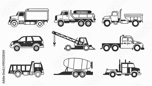 Diverse Commercial Vehicle Icons Set Construction Hauling Logistics for Web Design and Print Projects
