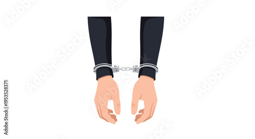A pair of light-skinned hands are bound by shiny silver metal handcuffs against a plain white background.