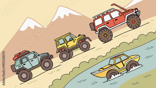 Off Road Adventure Four Wheel Drive SUVs Climbing Steep Muddy Hillside Near River for Extreme Outdoor Recreation Design