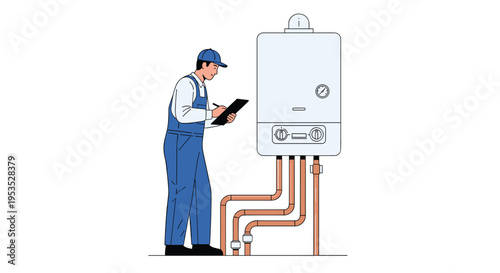 A plumber in blue overalls inspects a wall-mounted boiler while holding a clipboard and pen.