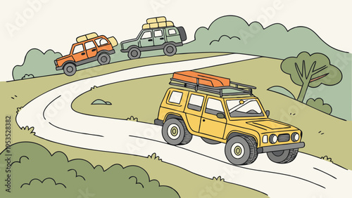 Off Road Adventure Convoy Driving SUVs with Luggage on Winding Country Road for Travel Blog or Outdoor Campaign