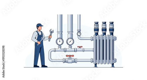 A plumber in blue overalls holds a wrench next to a complex heating system with pipes and gauges.