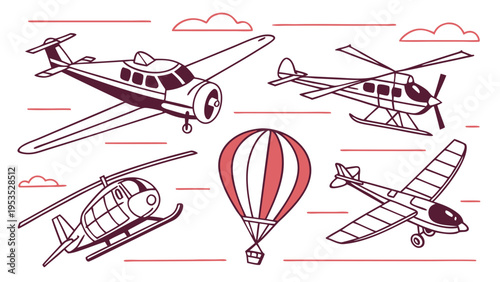 Vintage Air Travel Icons Set Propeller Plane Helicopter Hot Air Balloon for Aviation Web Design and Transportation Graphics