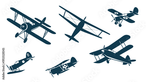 Vintage Biplane Silhouettes for Aviation History Design Retro Aircraft Icons for Pilot Enthusiast Projects