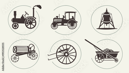 Vintage Agricultural Machinery Icons Set Antique Farm Tractor Steam Engine Cart Vector Illustration for History Projects