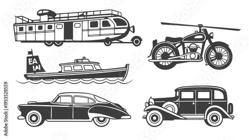 Vintage Transportation Icons Set Classic Automobile Boat Helicopter Motorbike Travel Design Elements