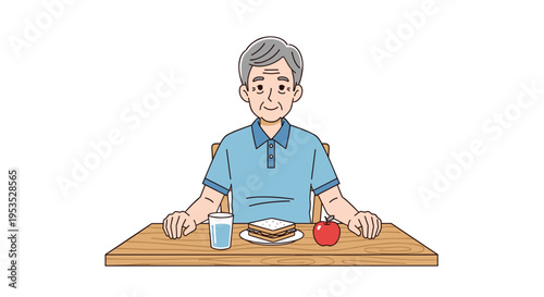 An elderly Asian man in a blue polo shirt sits at a wooden table with a sandwich, water, and an apple against a white background.