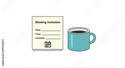 A beige meeting invitation card with blank details is placed next to a light blue coffee mug on a plain white background.