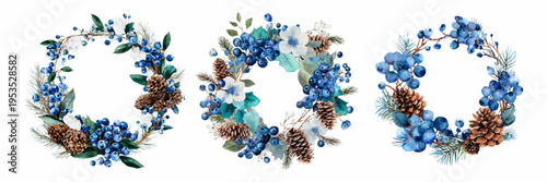 Watercolor wreaths collection creating winter season decor with blue berries, pine cones, and festive foliage for greeting cards and cozy holiday designs