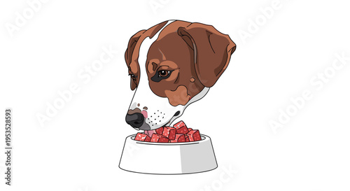 A cartoon illustration features the head of a brown and white dog intently eating red, cube-shaped meat from a white bowl.