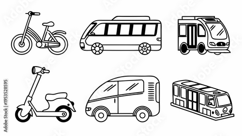 Urban Transportation Icons Set Bicycle Scooter Minibus Transit Vehicle Collection for City Mobility Design Projects