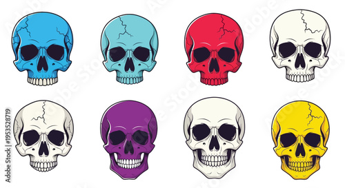 Eight colorful skulls arranged in a grid displaying various hues and cracks