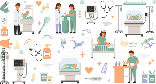 Neonatal Intensive Care Unit Illustration Set with Doctors Equipment Incubator Monitoring Devices and Newborn Medical Treatment Scenes for Hospital Vector Design.