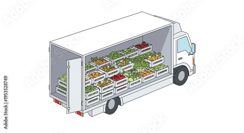 A white delivery truck with its rear door open is filled with various crates of fruits and vegetables in an isometric view.