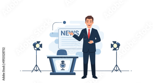 A male news anchor stands in a television studio with a news desk, a NEWS graphic, and two spotlights.