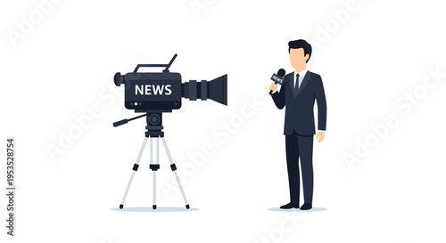 A male reporter holds a microphone next to a large video camera on a tripod with NEWS written on its side.