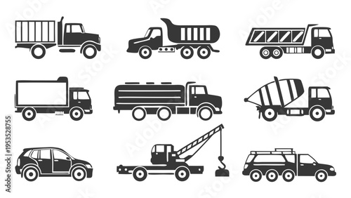Vector Icon Set Heavy Duty Transport Trucks Construction Vehicles for Logistics Web Design UI App Development