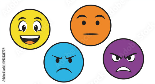 Four colorful circular emoticons displaying different emotional expressions