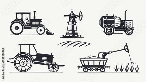 Vintage Farm Equipment Icons Set Tractor Windmill Plowing Field Graphics for Agriculture History Design Projects
