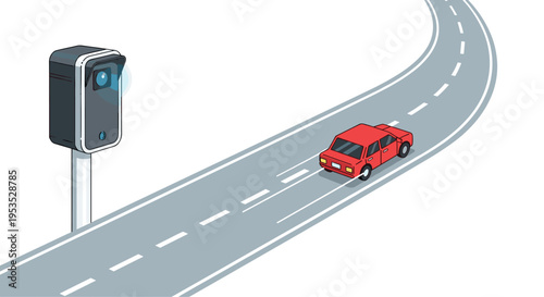 A red sedan drives along a curved road with dashed lines past a speed camera mounted on a pole.