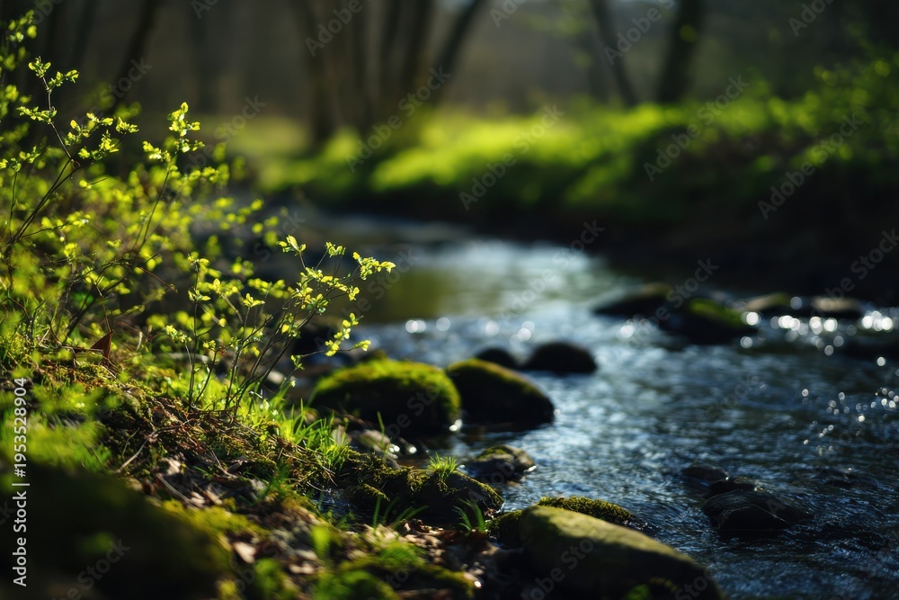 Fototapeta premium Quiet Forest Stream Beneath Sunlight. Peaceful Natural Setting With Flowing Water And Lush Greenery