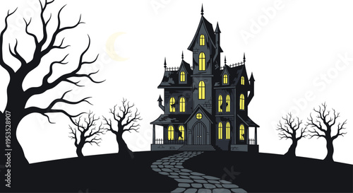 A dark, gothic haunted house with glowing windows sits on a hill, approached by a winding path and framed by bare trees under a crescent moon.