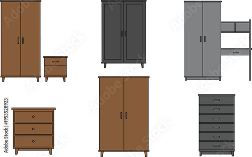 Flat vector illustration set of modern bedroom furniture including wardrobes chests of drawers and bedside tables on white background isolated