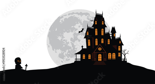 A dark, silhouetted haunted house with glowing windows stands on a hill before a large full moon, with a grave marker on the left.