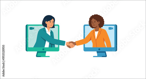 Two women shake hands virtually representing a successful remote agreement