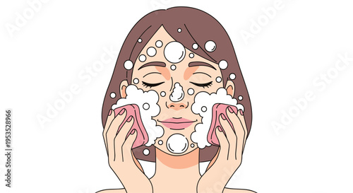 An illustrated woman with closed eyes washes her face with two pink sponges, surrounded by white soap bubbles on a clean background.