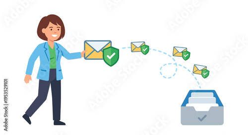 Woman sending secure emails to an inbox with protection shields