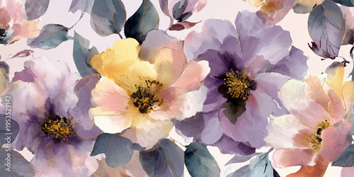 Watercolor flowers in purple, yellow, and peach hues blooming in a seamless botanical pattern, creating an elegant artistic design with delicate green leaves for decorative use