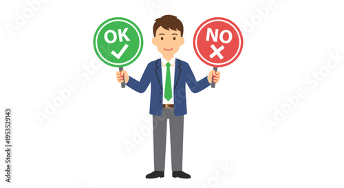 Man holding signs indicating yes and no with ok and not ok symbols