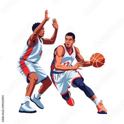 Basketball Players Competing in Game: Dribbling and Defending