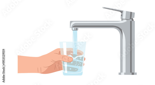 A hand holds a clear glass under a modern silver faucet as aerated water with bubbles fills the glass on a white background.