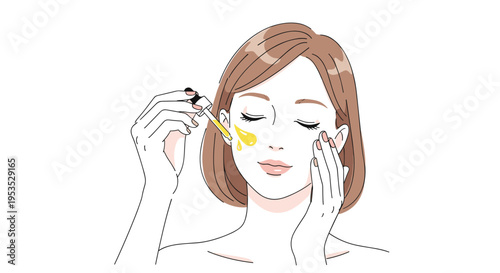 A woman with short brown hair and closed eyes applies golden yellow serum to her cheek with a dropper.