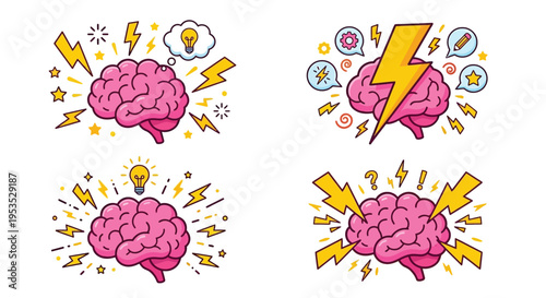Creative brain concepts with lightbulbs lightning and thought bubbles