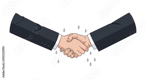Two hands in dark suit jackets engage in a handshake with scattered water droplets falling around them on a white background.